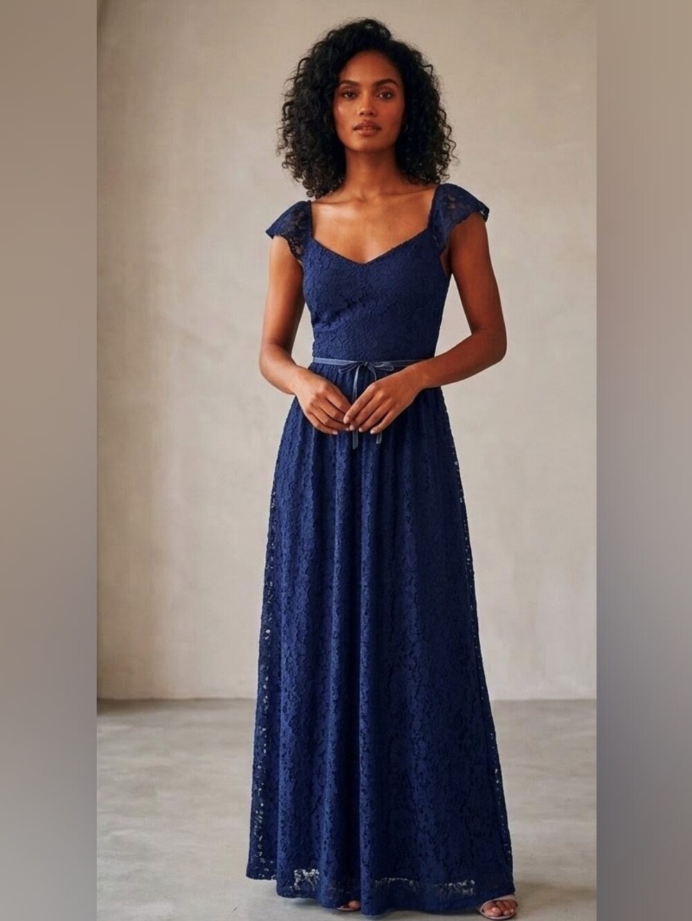 Lace Cap-Sleeve Navy Maxi Dress with Waist Tie